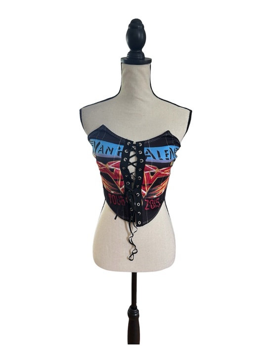 Tops - Band Graphic Lace-Up Corset Top - Black/Blue/Red
